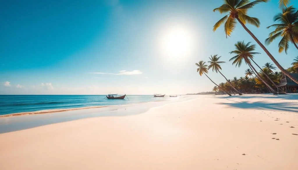 Pristine white sand of Nilaveli Beach with palm trees and clear blue water