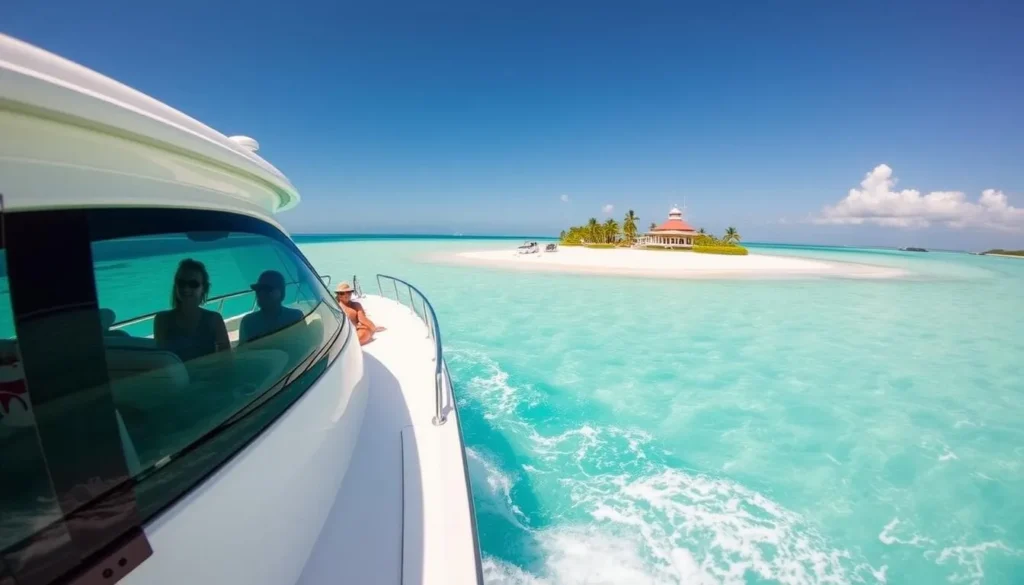 Private charter boat approaching Sandy Island, Anguilla with passengers