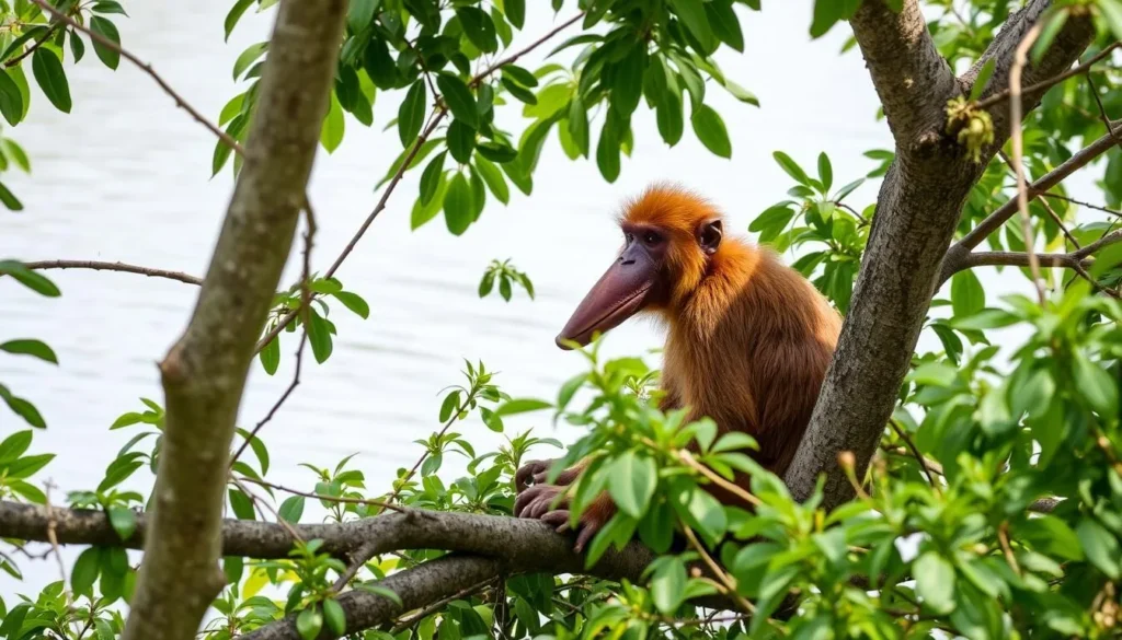 Proboscis monkey in trees along Lake Sentarum waterway Proboscis monkey in trees along Lake Sentarum waterway