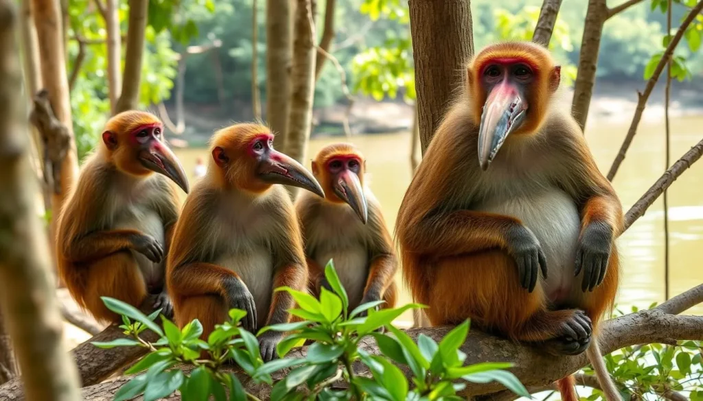 Proboscis monkeys in their natural habitat on Kembang Island with the river visible in the background