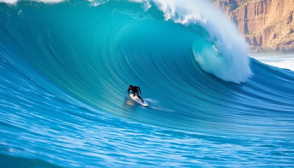 Professional surfer riding a massive wave at Killers surf break near Isla Todos Santos with dramatic cliffs in background