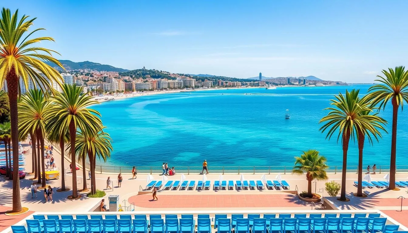 Promenade des Anglais in Nice France during perfect weather with blue skies and Mediterranean Sea