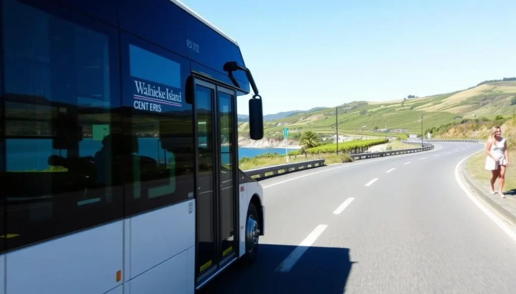 Public bus on Waiheke Island with vineyards in the background