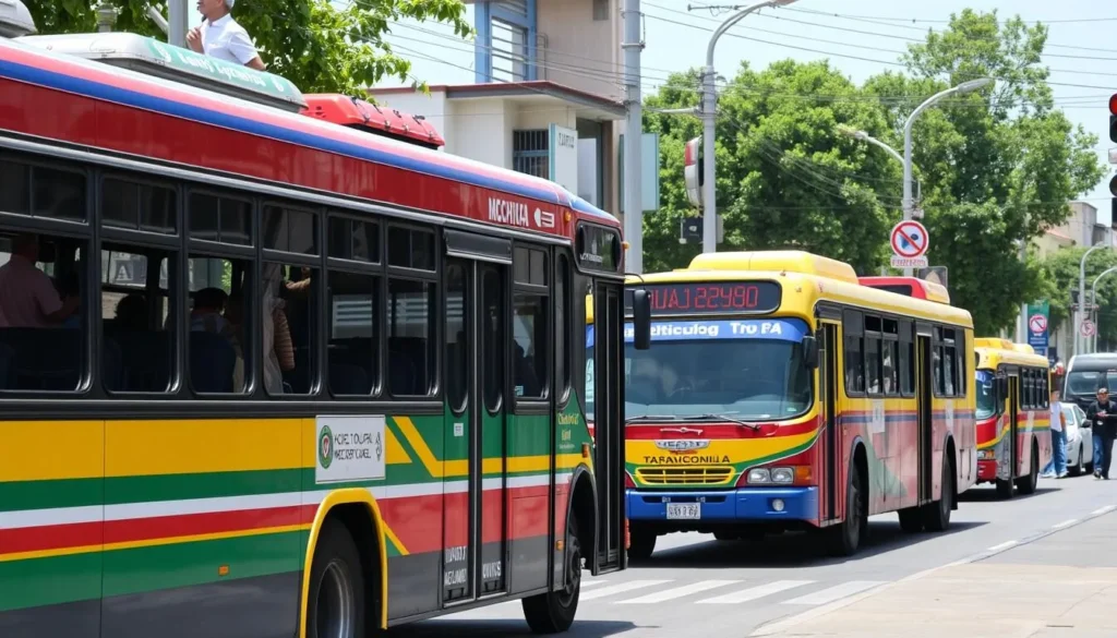 Public transportation in Ciudad Nezahualcoyotl with colorful buses and street scene