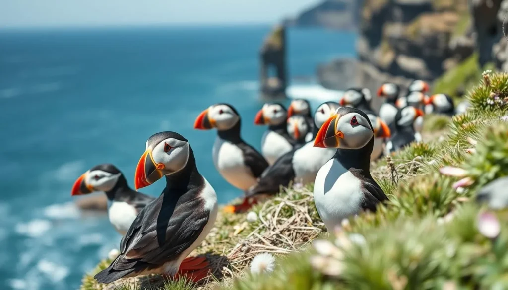 Puffins and seabirds on the cliffs near South Stack on Anglesey Island