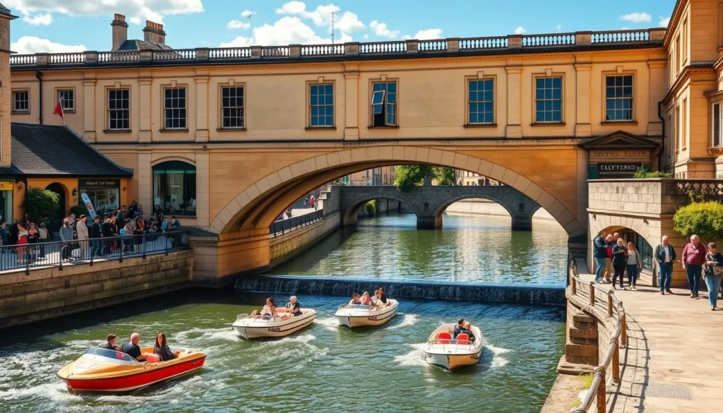 Pulteney Bridge in Bath with boats on the River Avon and people walking along the riverside