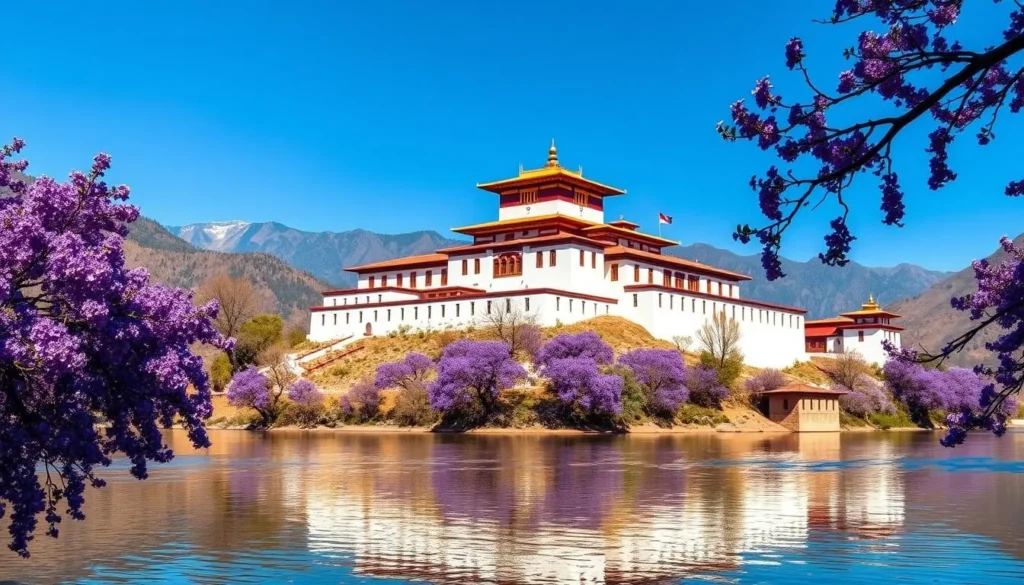 Punakha Dzong fortress at the confluence of Mo Chhu and Pho Chhu rivers with jacaranda trees in bloom