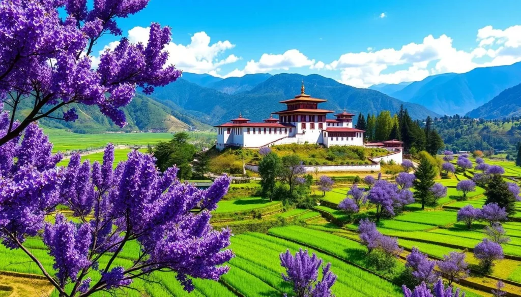 Punakha Valley in spring with blooming jacaranda trees around Punakha Dzong and terraced rice fields