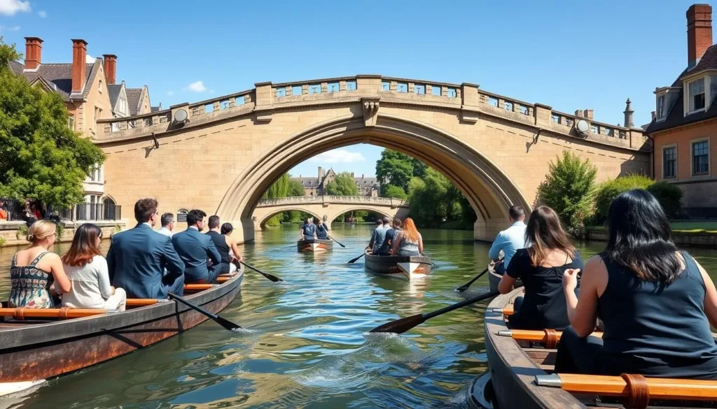 Punting boats on the River Cam passing under the Bridge of Sighs in Cambridge