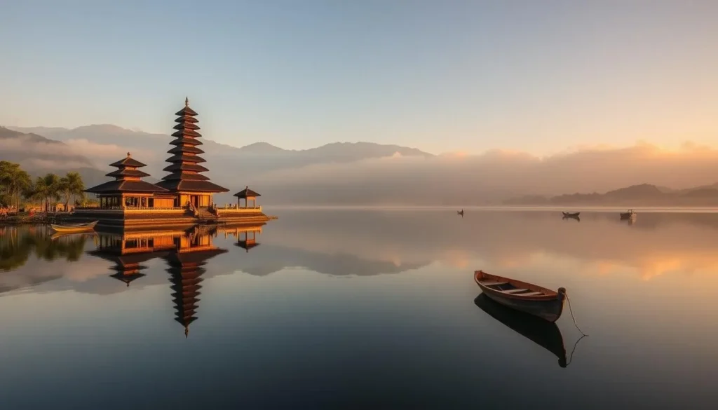 Pura Ulun Danu Beratan temple on Lake Bratan with misty mountains in background during early morning Pura Ulun Danu Beratan temple on Lake Bratan with misty mountains in background during early morning