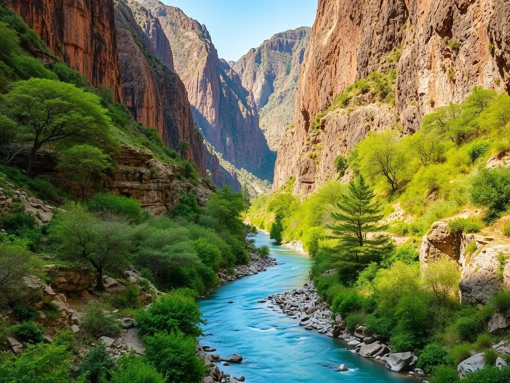 Qadisha River flowing through the valley floor with lush vegetation and cliff walls rising on both sides Qadisha River flowing through the valley floor with lush vegetation and cliff walls rising on both sides