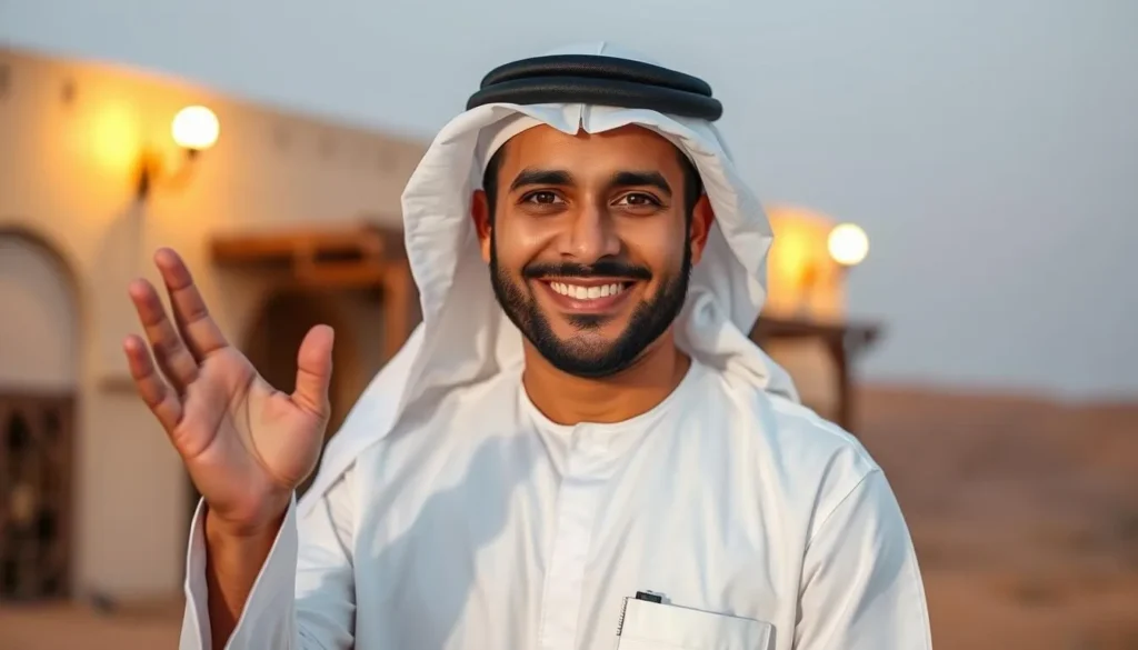 Qatari man in traditional dress welcoming visitors