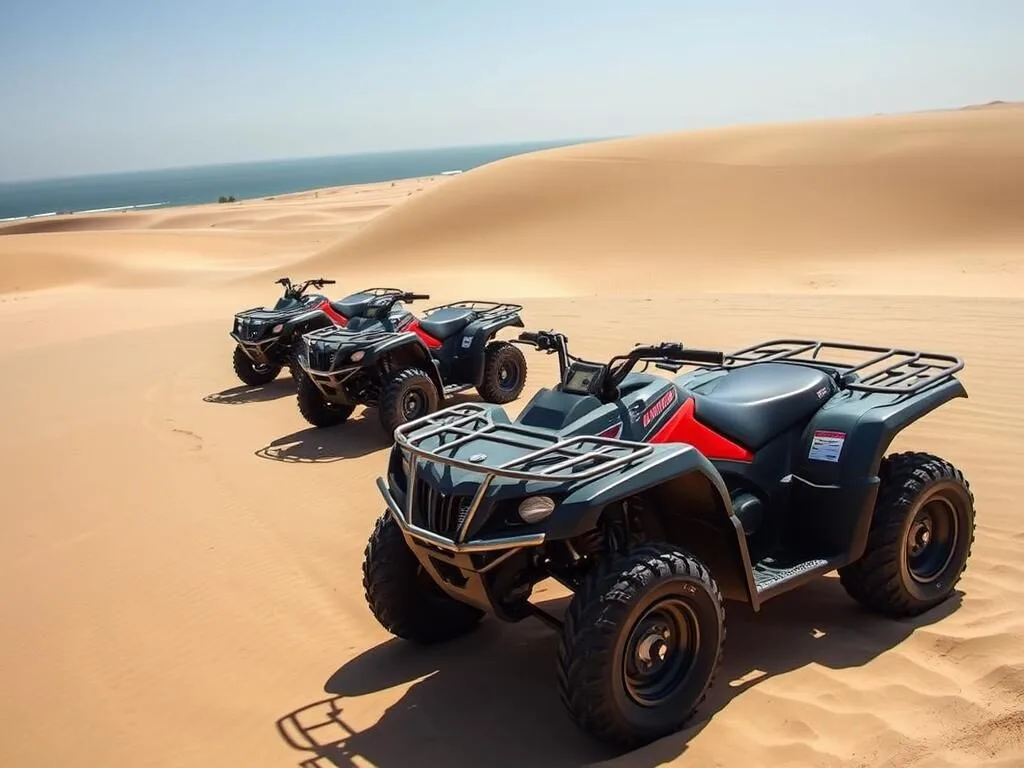 Quad bikes parked on sand dunes at Khawr al Udayd