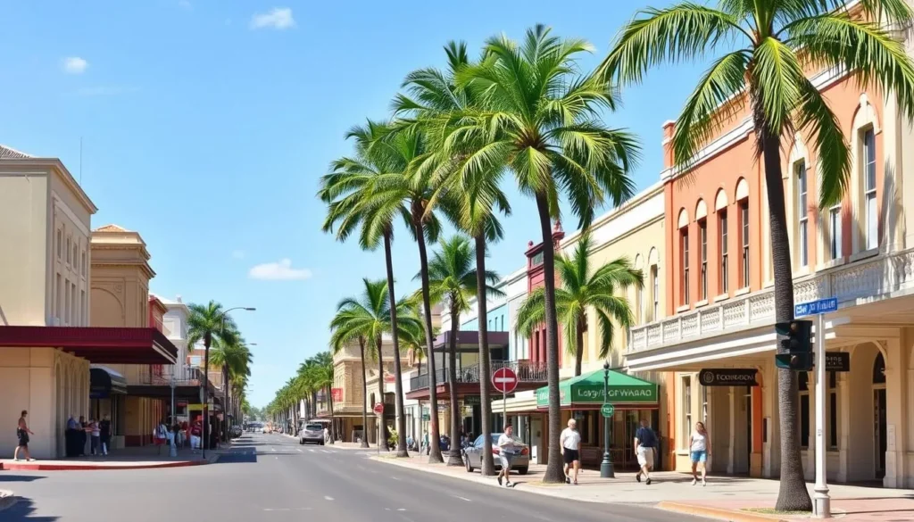 Quay Street in Rockhampton Queensland showing heritage buildings and palm-lined streets