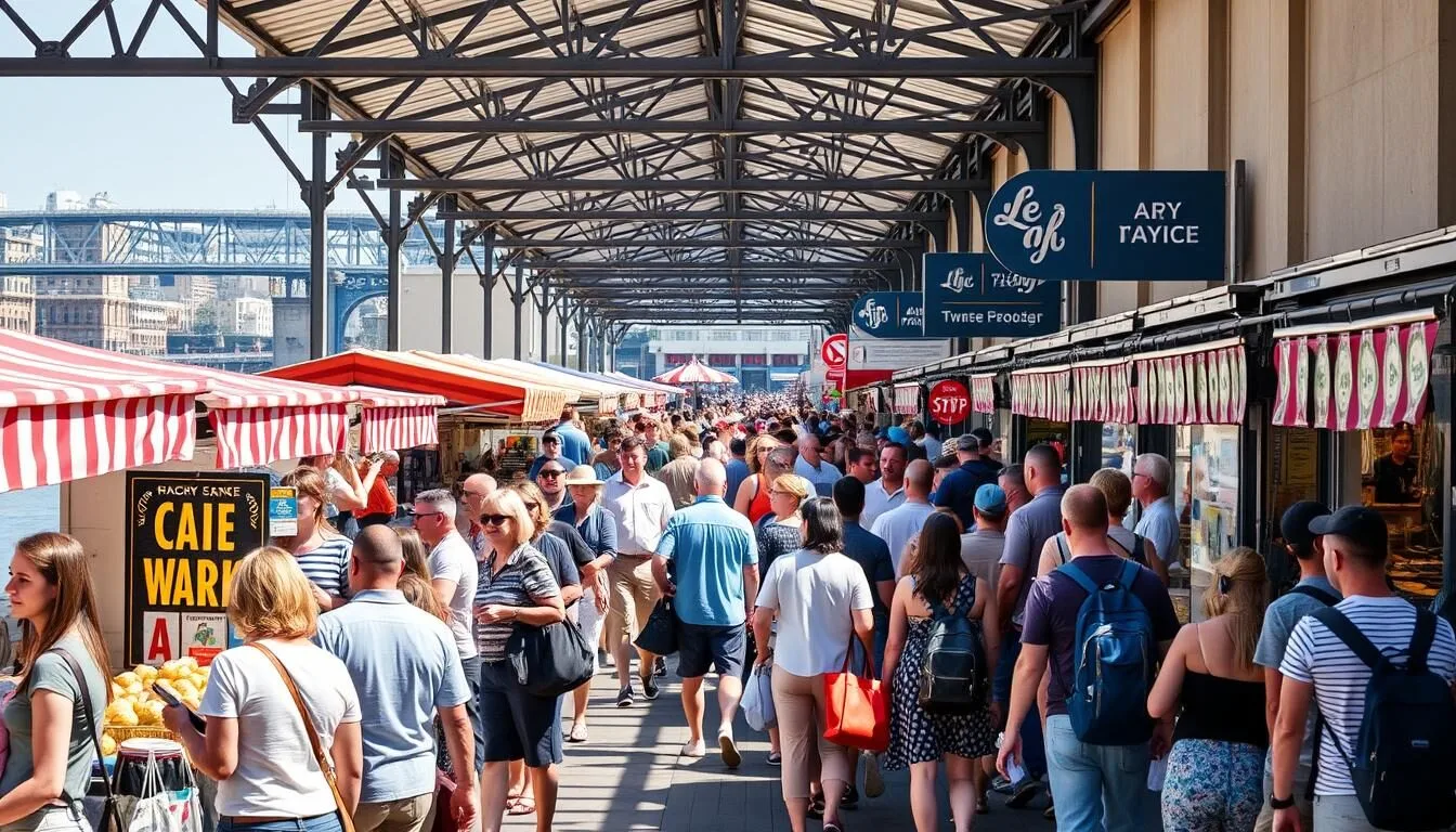 Quayside Market in Newcastle on a sunny summer day with diverse visitors browsing stalls