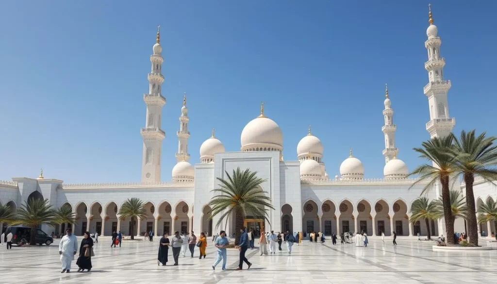 Quba Mosque in Madinah, the first mosque built in Islamic history, showing its modern architecture with multiple minarets and spacious courtyard