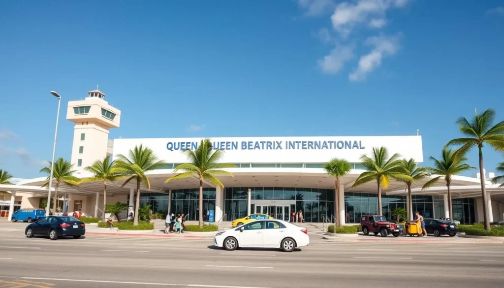 Queen Beatrix International Airport in Aruba with palm trees and clear blue sky