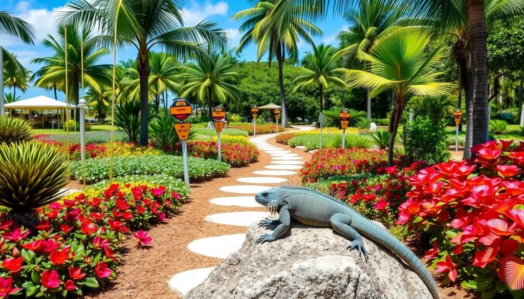 Queen Elizabeth II Botanic Park near Bodden Town with colorful tropical flowers and blue iguana