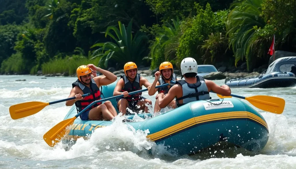 Rafting adventure on a river near Blitar, showing participants navigating rapids amid scenic natural surroundings