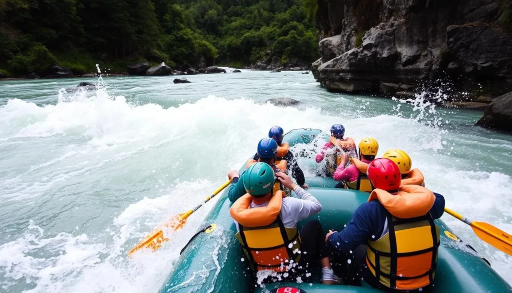 Rafting on the Mohaka River in Hawke's Bay with rapids and forested banks
