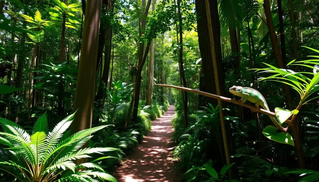 Rainforest hiking trail near Nosy Varika showing diverse flora and fauna
