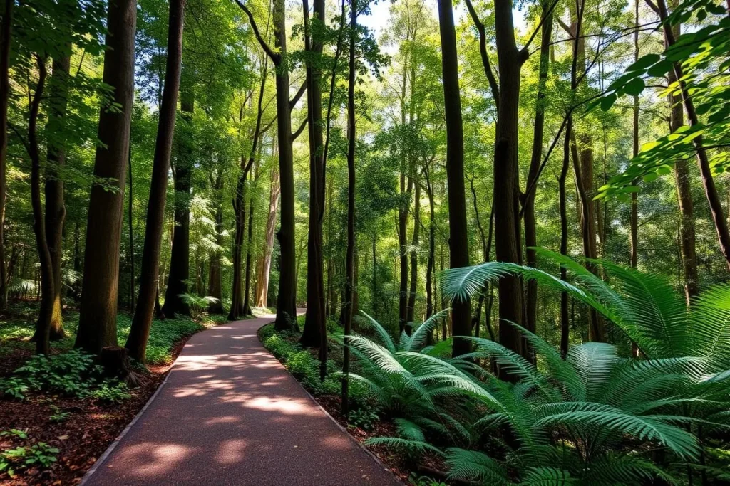 Rainforest walking trail in Montville Queensland with sunlight filtering through trees