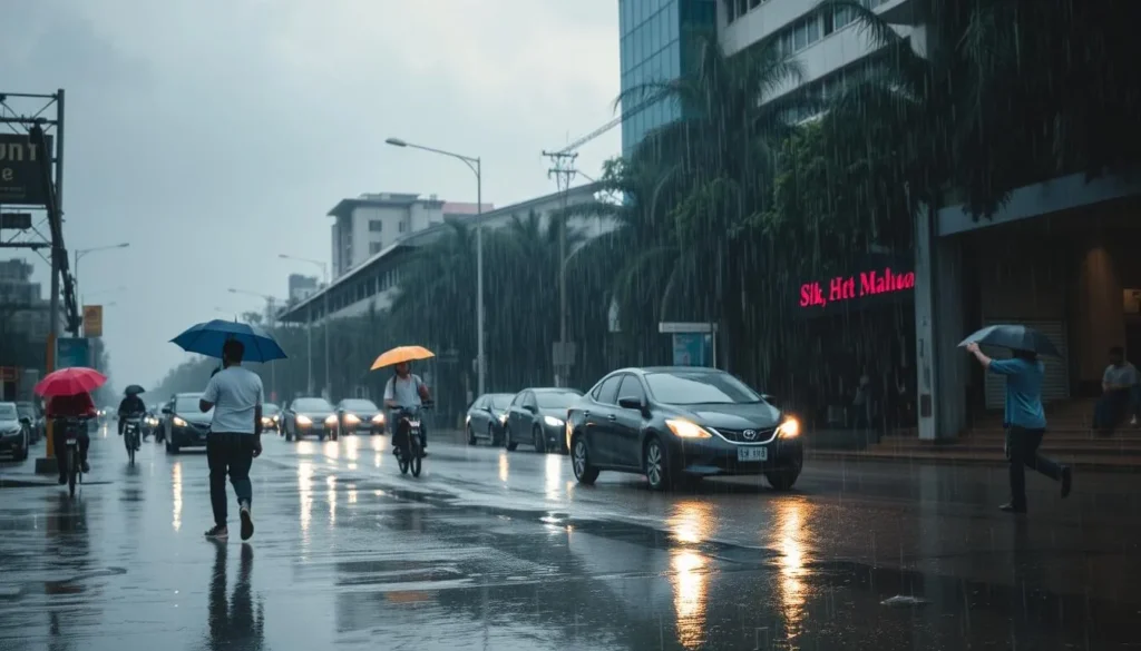 Rainy afternoon in Jakarta showing tropical downpour during wet season, important consideration for a weather-savvy trip to Jakarta, Indonesia