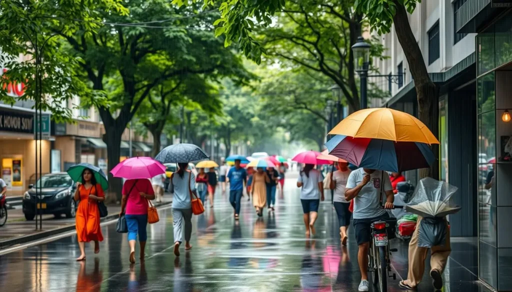 Rainy day in Bogor city with locals using colorful umbrellas - typical weather in Bogor, Indonesia