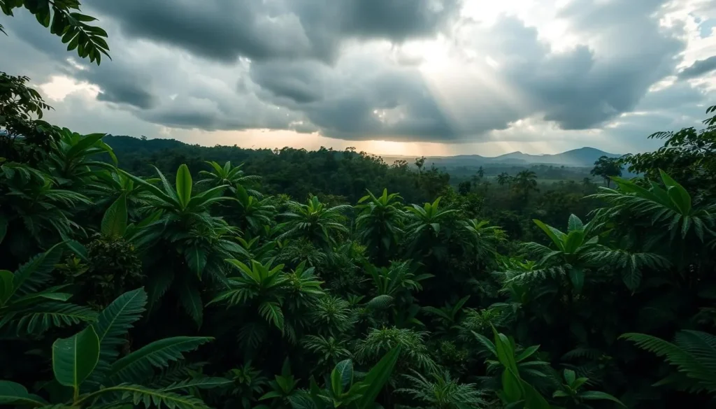 Rainy season in the Amazon Jungle, Ecuador showing lush vegetation with water droplets and a rainbow over the canopy