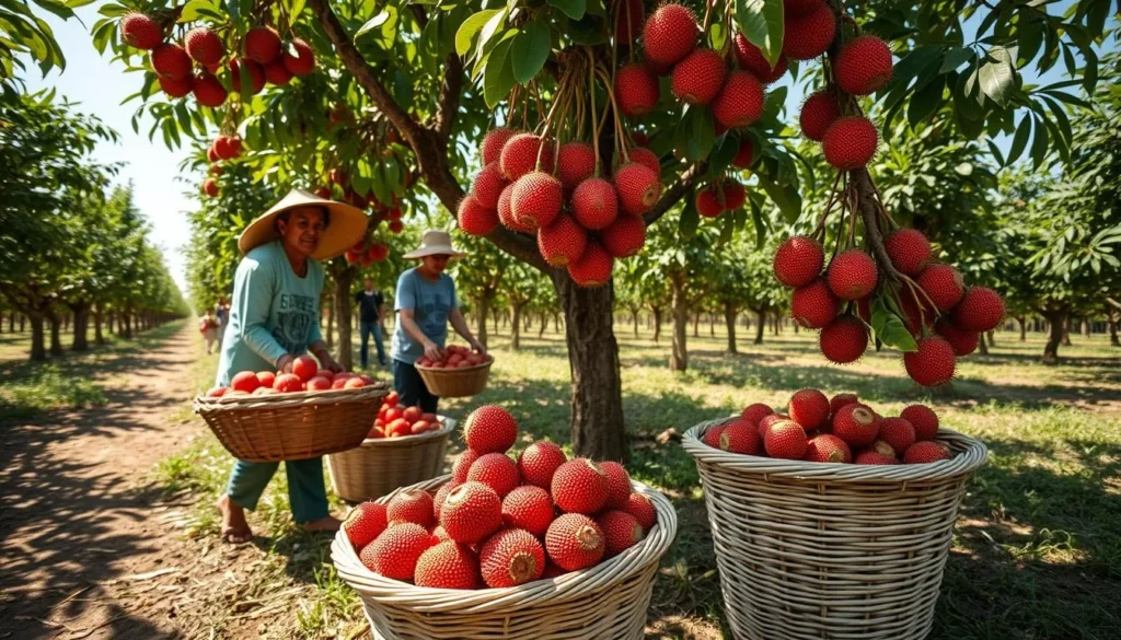 Rambutan fruit harvest season in Binjai, Indonesia, showing local farmers collecting the famous red hairy fruit