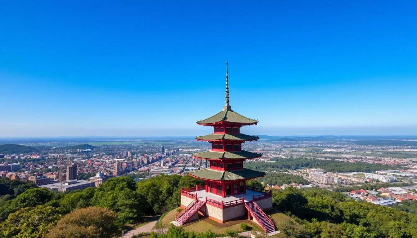 Reading Pennsylvania Pagoda overlooking the city skyline on a clear day