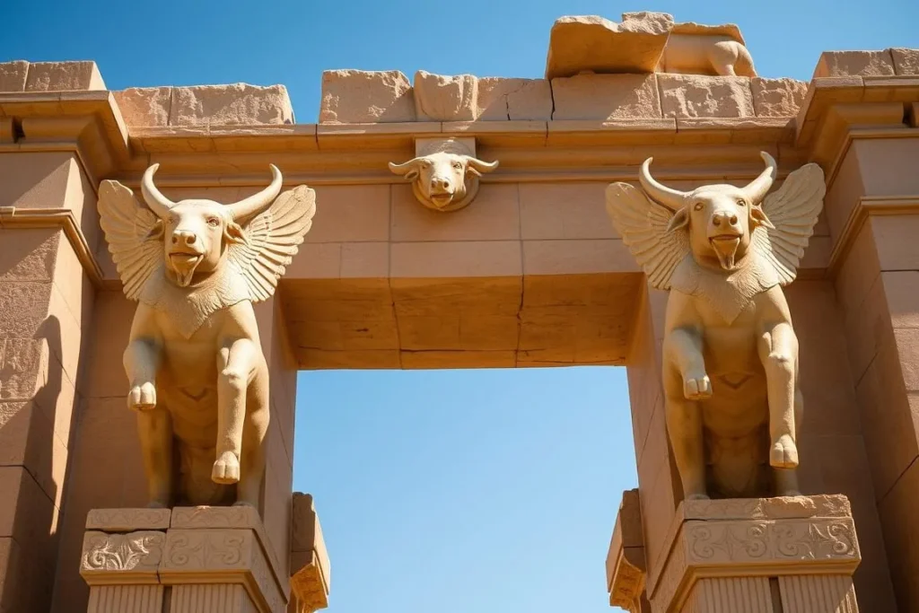 Reconstructed Nergal Gate at Nineveh with lamassu statues (human-headed winged bulls)