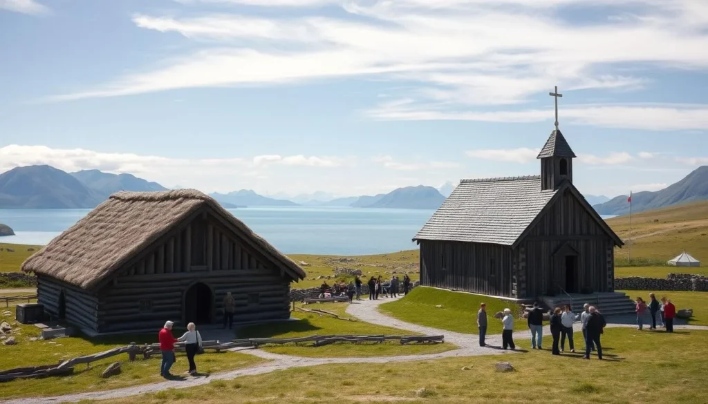 Reconstructed Viking longhouse and Thjodhild's Church in Qassiarsuk, Greenland
