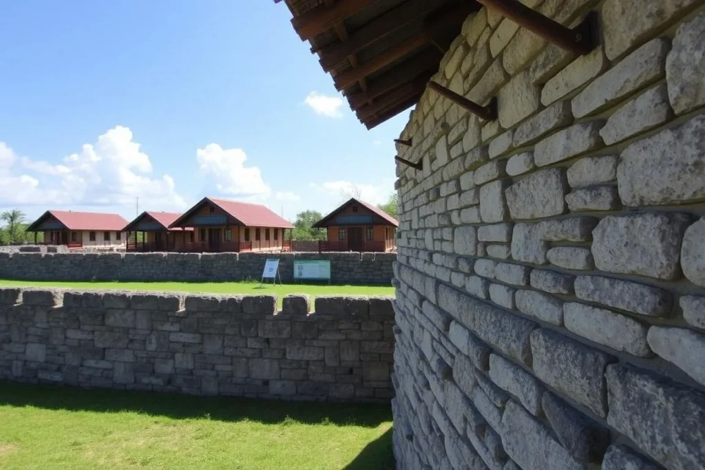 Reconstructed walls of Somba Opu Fort with traditional South Sulawesi houses in the background