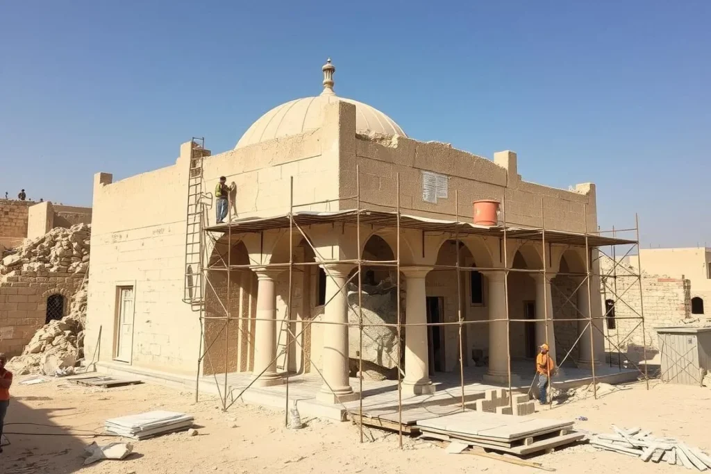 Reconstruction work at the Tomb of Prophet Jonah (Nabi Yunus) site in Mosul