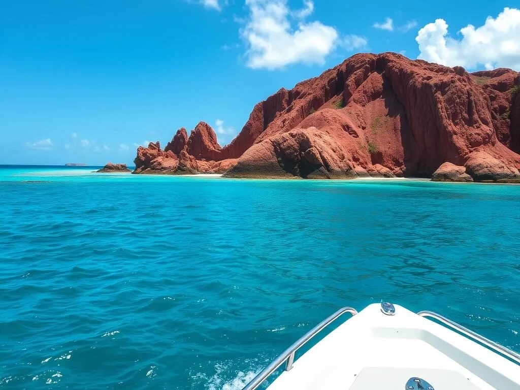 Red Head Island in Antigua's North Sound showing its distinctive reddish cliffs Red Head Island in Antigua's North Sound showing its distinctive reddish cliffs