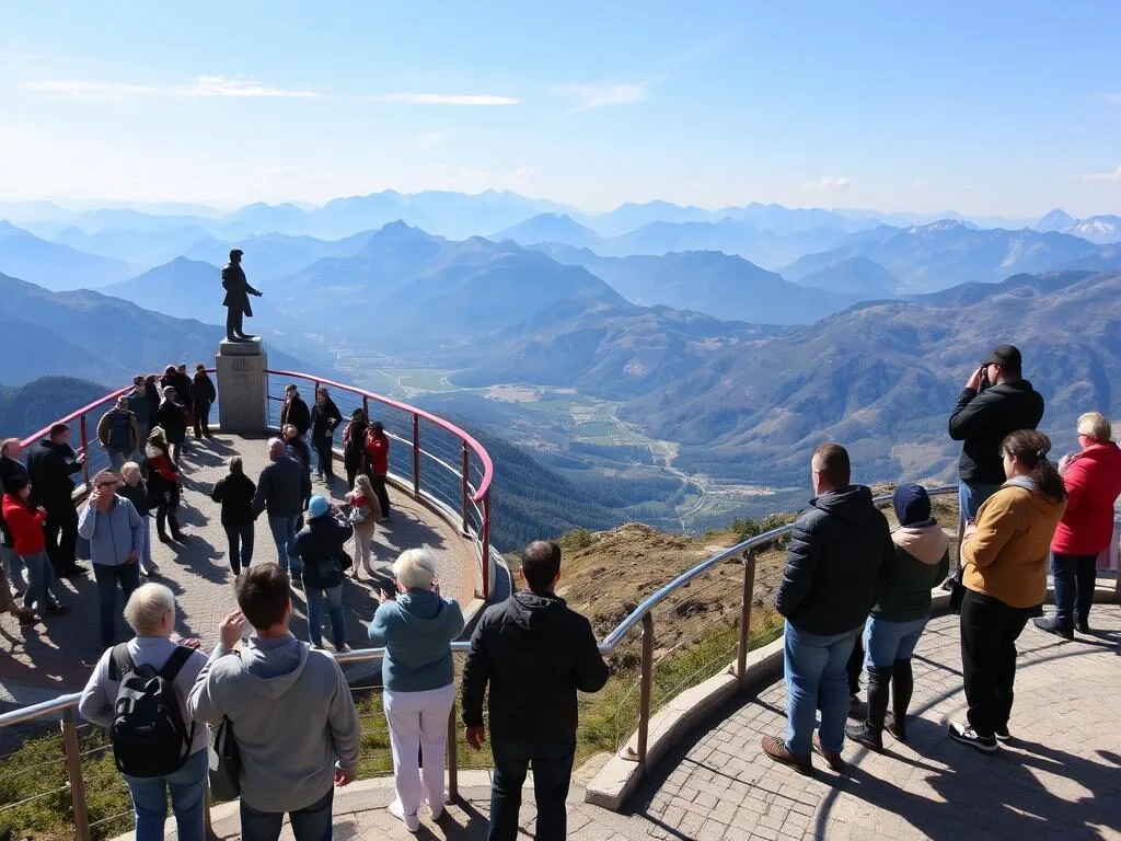 Red Sun observation deck in Kislovodsk National Park with visitors enjoying mountain views