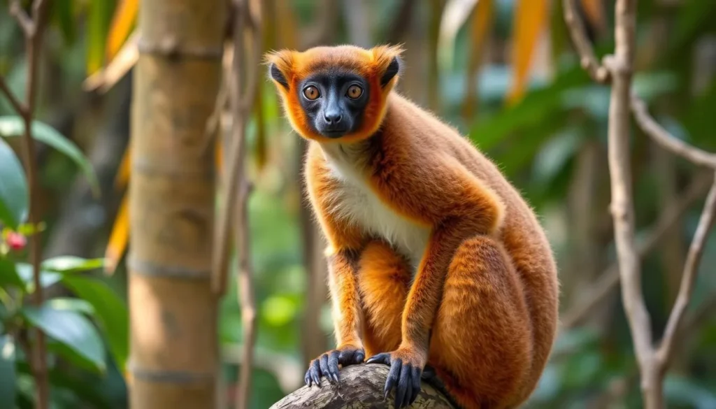 Red-bellied lemur (Eulemur rubriventer) in Marolambo National Park sitting on a branch