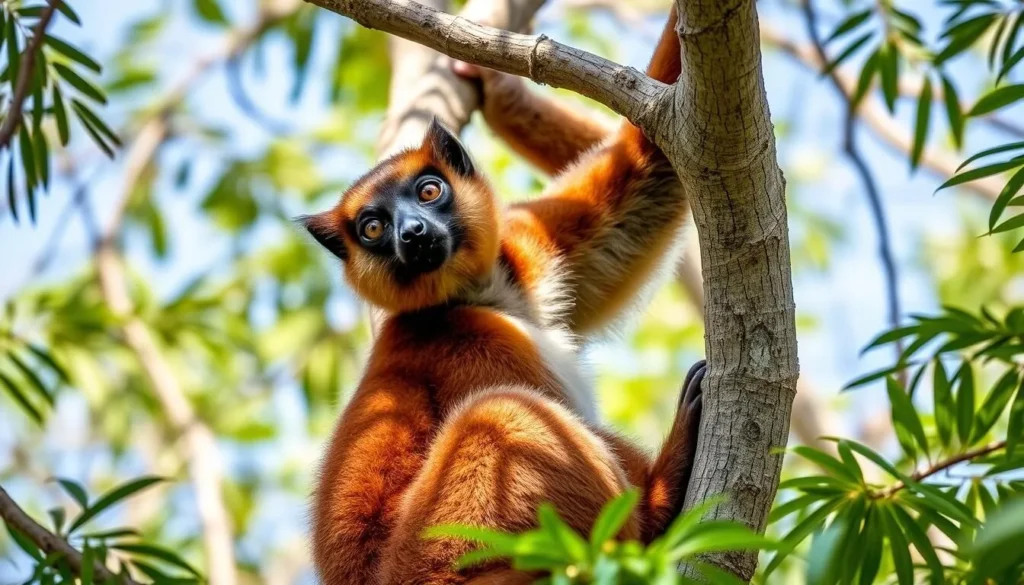 Red-collared brown lemur in the rainforest canopy of Midongy du Sud National Park