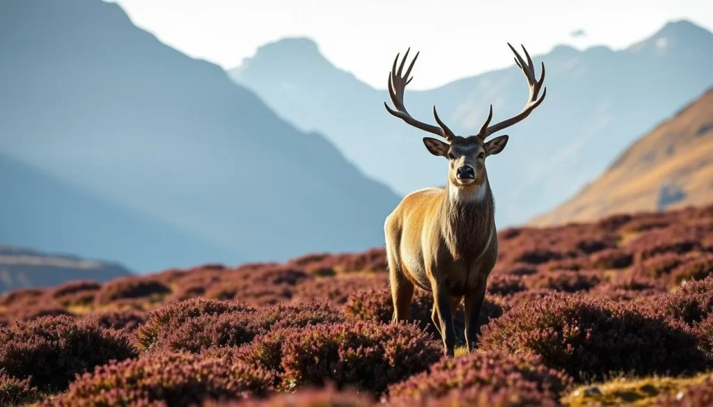 Red deer stag in Glencoe landscape with mountains in background