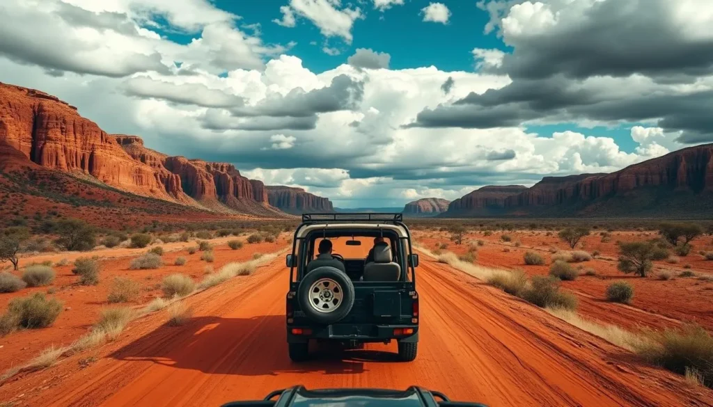 Red dirt road leading to Kings Canyon with a 4WD vehicle driving through the Northern Territory outback