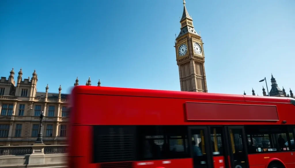 Red double-decker bus passing by Big Ben and Houses of Parliament in London Red double-decker bus passing by Big Ben and Houses of Parliament in London