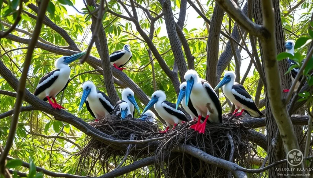 Red-footed booby birds nesting in trees at Half Moon Caye, Belize