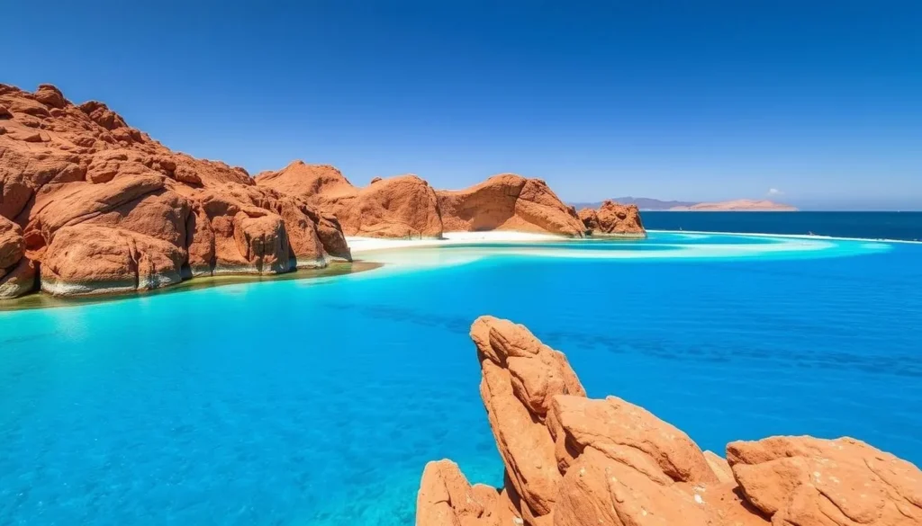 Red rock formations and turquoise waters at Espiritu Santo Island, Baja California Sur Red rock formations and turquoise waters at Espiritu Santo Island, Baja California Sur