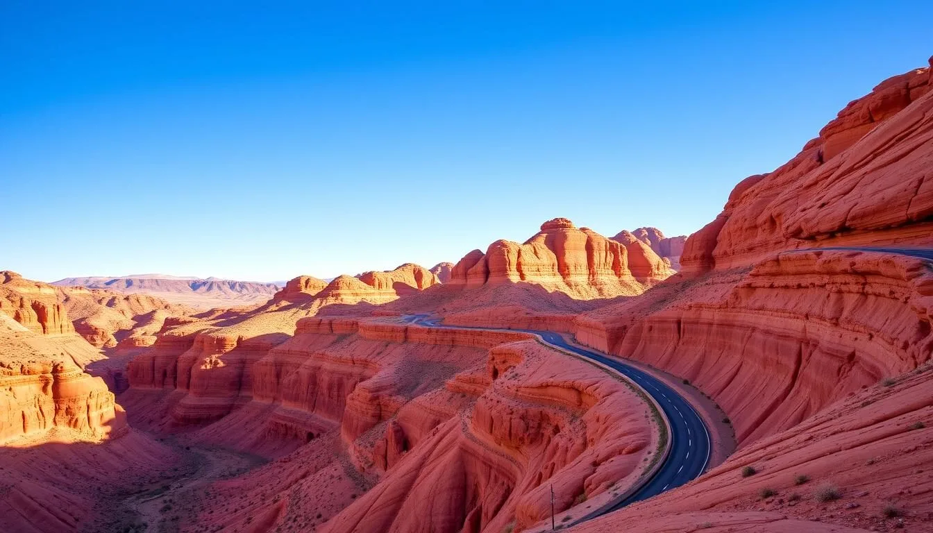 Red rock landscape of Tupiza, Bolivia with winding road through canyon