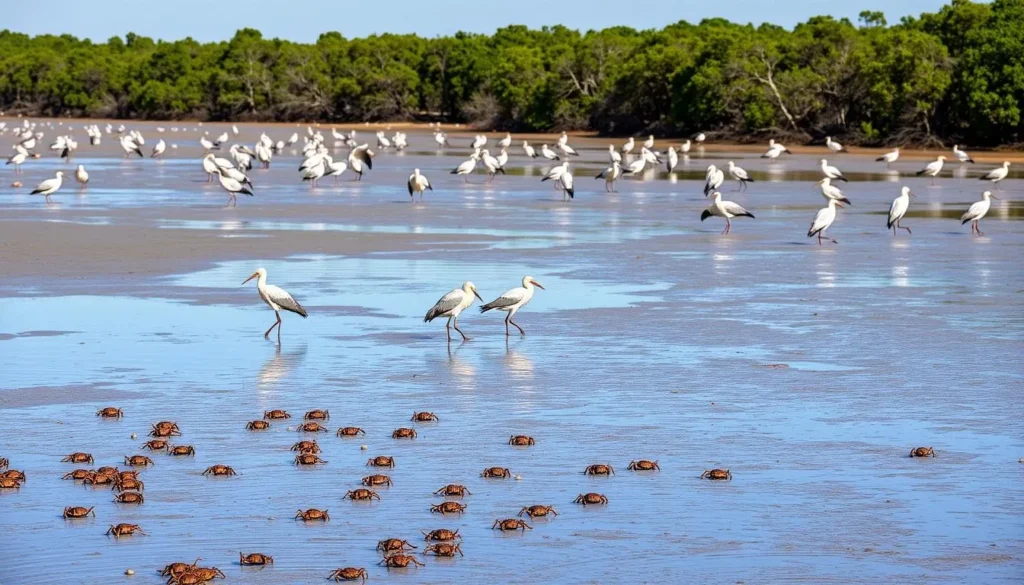 Redfish Hole Trail at low tide showing wading birds and crabs