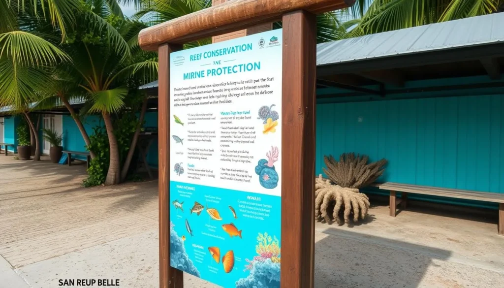 Reef conservation sign in San Pedro Belize educating visitors about protecting marine life