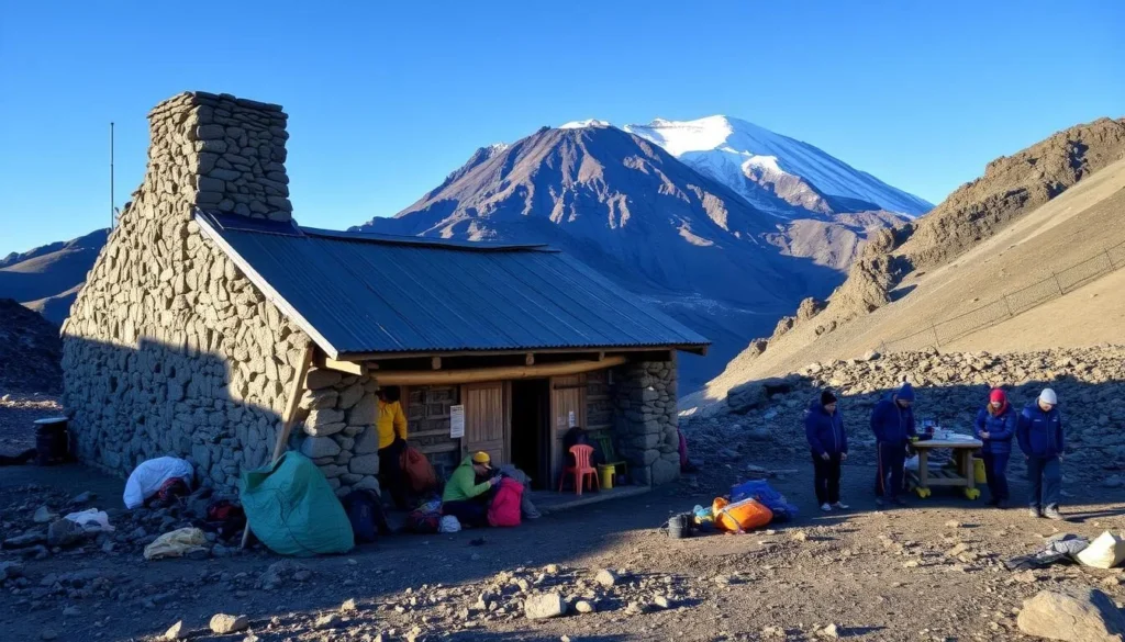 Refugio Piedra Grande mountain hut at Pico de Orizaba basecamp with climbers preparing equipment