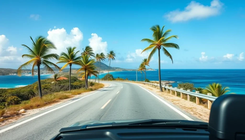 Rental car driving along Anguilla's coastal road with views of the ocean Rental car driving along Anguilla's coastal road with views of the ocean