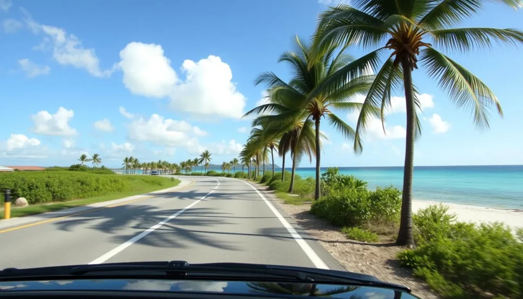 Rental car driving along Seven Mile Beach road in Grand Cayman
